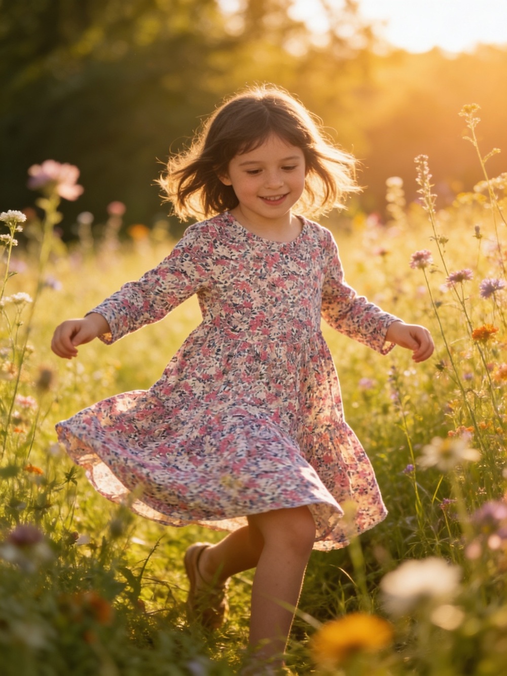 Pink Floral Long-Sleeve Twirl Dress for Girls (inv# 253)